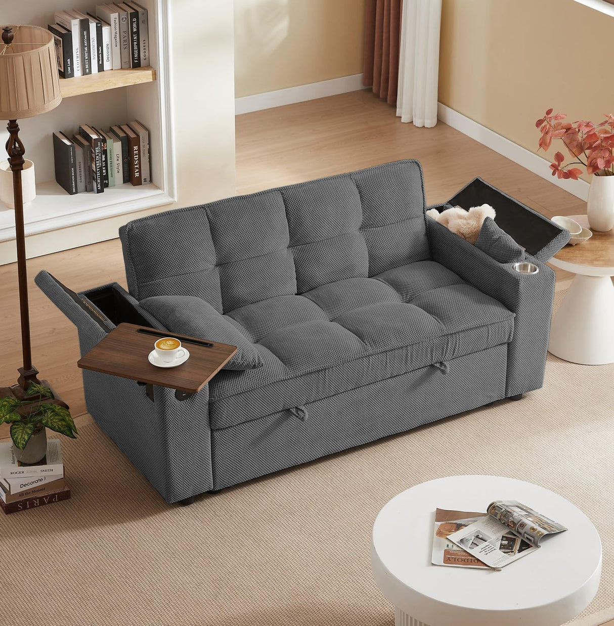 oaaktu Large Size Convertible Sleeper Sofa Bed,Polka dot Velvet Pull Out Futon Couch with Storage handrails & Rotating Side Tables,Convertible Sofa Couch for Living Room,RV (Dark Grey) oaaktu