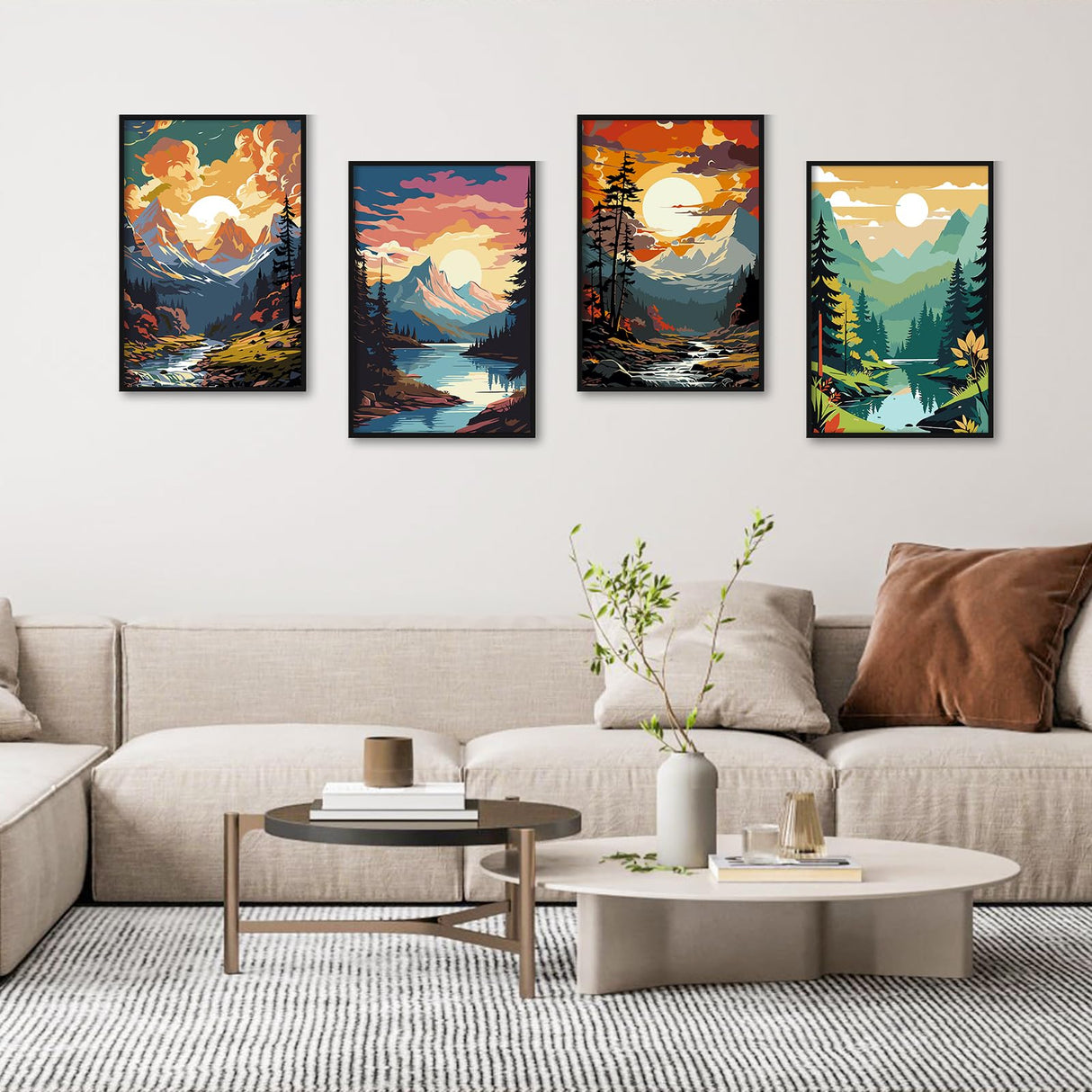 4 Pack Framed Paint by Numbers Kit for Adults with Wooden Easel, Landscape Sunset Paint by Numbers with Frame for Beginner, Mountains Lake Adult Paints by Number Kits on Canvas Framed 8 x 12 Inch Camocin