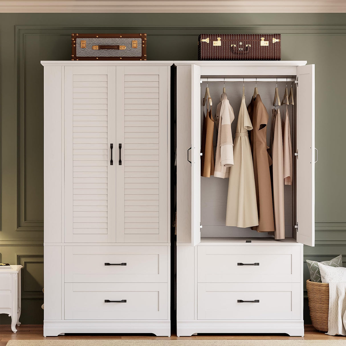 IRONCK Armoire Wardrobe Closet, 70.87" H Wooden Bedroom Armoire with 2 Louvered Doors, 2 Drawers and Shelves, Large Freestanding Clothing Storage Cabinet, White IRONCK