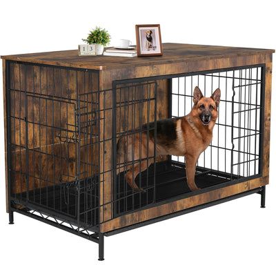 TLSUNNY Dog Crate Furniture, 44.1" Wooden Dog Crate Table, Indoor Dog Kennel with 2 Doors, Modern Dog Cage w/Pull-Out Removable Tray, Large/Medium/Small Dog House Furniture End Table, (Rustic)