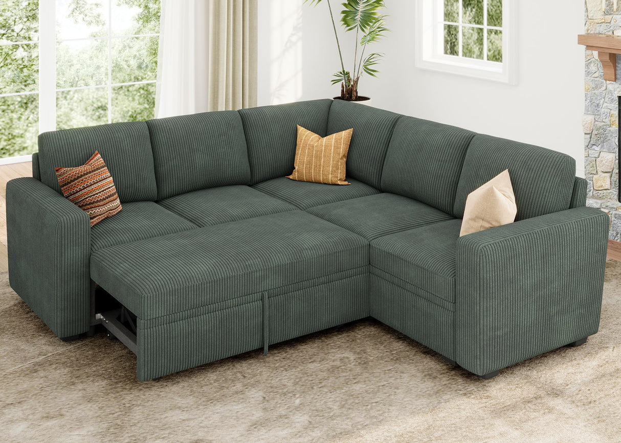 HONBAY Modular Sectional Sleeper Sofa with Pull Out Bed, Corduroy L Shaped Couch with Storage Seats, Convertible Sectional Couches for Living Room, Green HONBAY