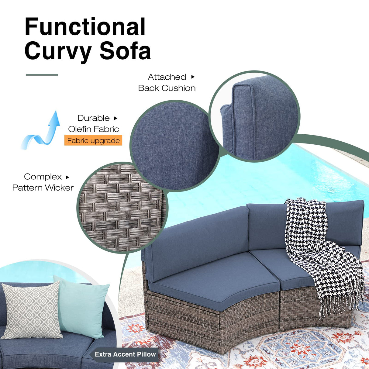 SUNSITT Outdoor Patio Furniture 11-Piece Half-Moon Sectional Round Patio Furniture Set Curved Outdoor Sofa with Tempered Glass Round Coffee Table, 4 Pillows, Grey Rattan & Denim Blue Cushion SUNSITT