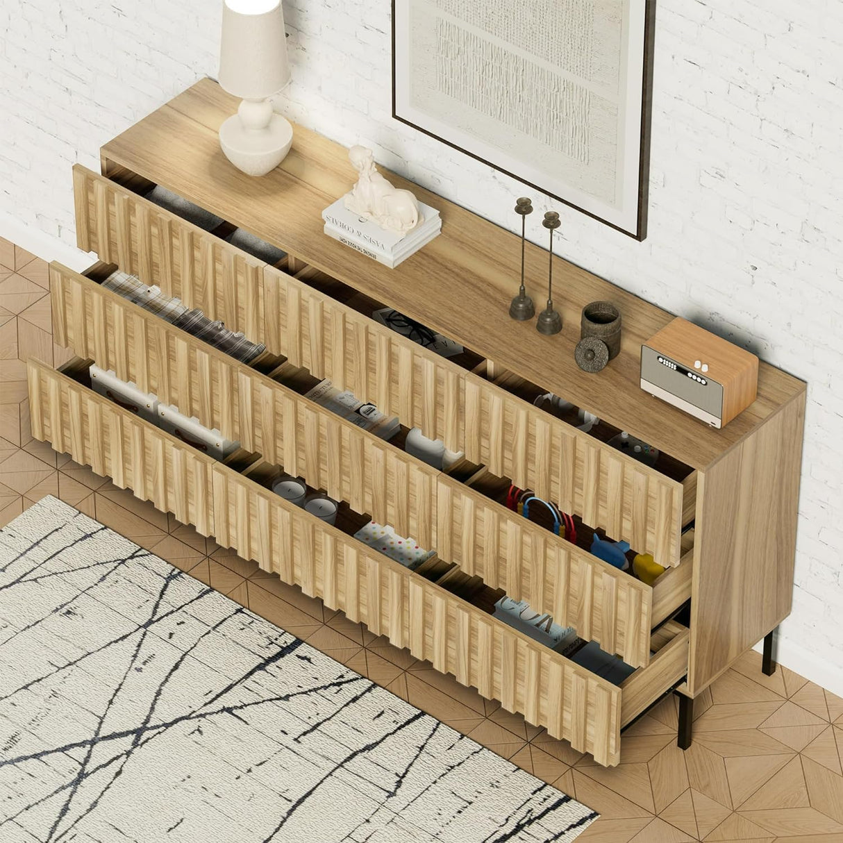 UEV Mid Century Modern Dresser,9 Drawer Dresser for Bedroom Natural Wood,Light and Fluted Double Chest of Drawers,Accent Large Storage Dresser with Metal Stand UEV