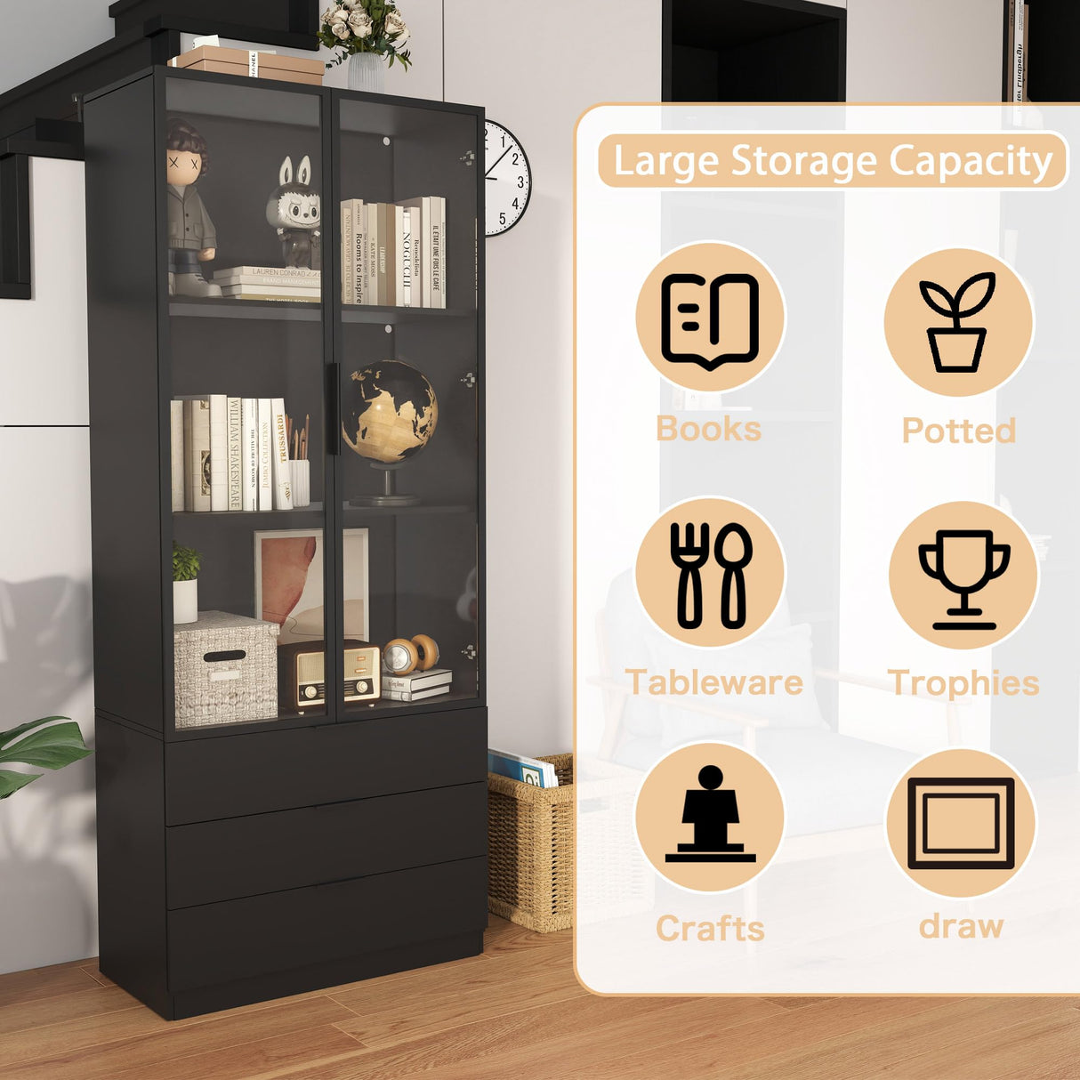 Vrmuxita Display Cabinet with Glass Doors: 79" Black Lighted Display Cabinet with 3 Drawers, Tall Bookcase with 2 Doors, Glass Door Bookcase for Living Room (Black) Vrmuxita