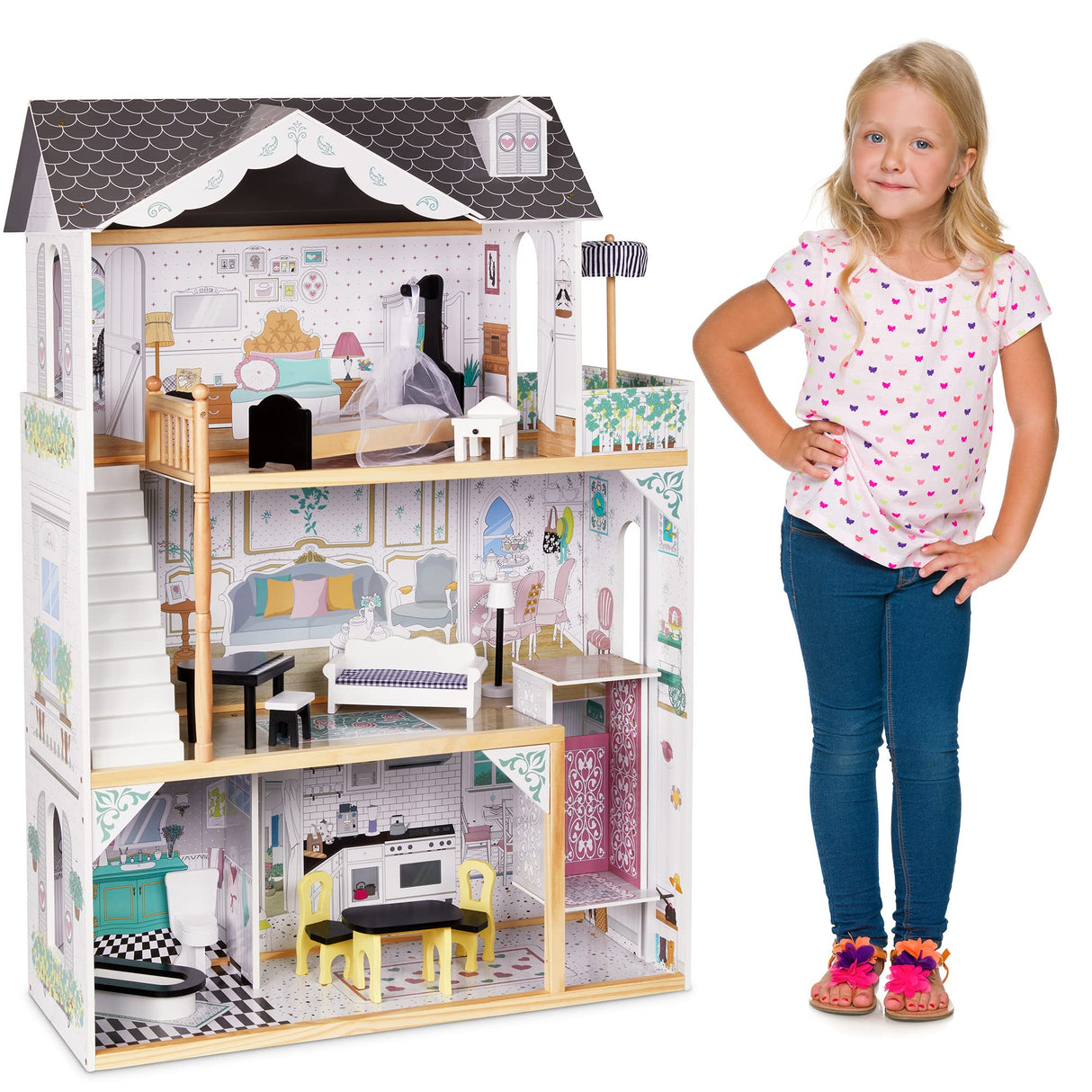 Lil' Jumbl X-Large 3-Story Wooden Dollhouse with Elevator, Balcony & Furniture Set Lil' Jumbl