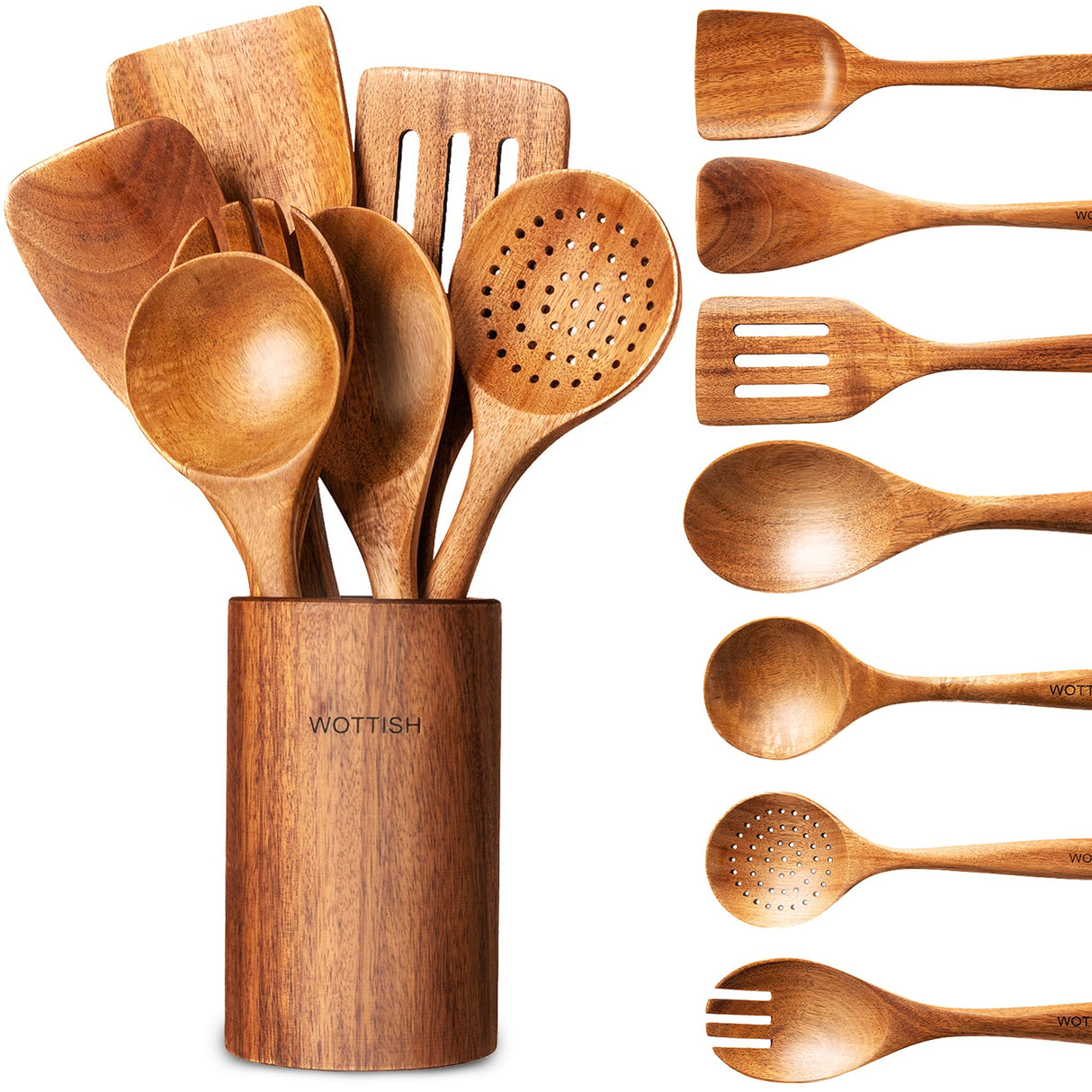 Wooden Spoons for Cooking - 8-Piece Wooden Kitchen Utensil Set made of Natural Solid Wood Material - Includes Spoons, Spatulas, Ladles, Strainer Spoon, Salad Fork, Mixing Spoon and Utensil Holder WOTTISH