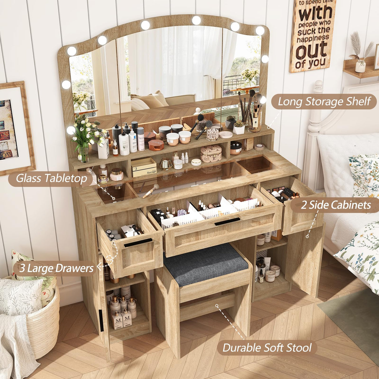 usikey Farmhouse Vanity Desk with Large Lighted Mirror and 10 Lights, 43.3" Glass Tabletop Makeup Vanity with 3 Drawers, Large Vanity Tabel Set with Long Storage Shelf, 2 Cabinets and Stool, Maple usikey