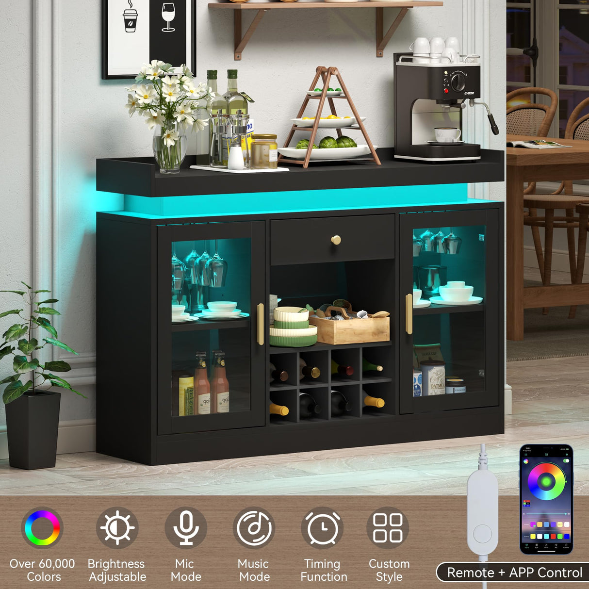 Wine Bar Cabinet with LED Light, Home Coffee Bar Cabinet with Wine and Glass Rack, Modern Sideboard Buffet w/ Storage Drawer & Shelves, Freestanding Liquor Cabinets for Living Room,Dining Room (Black) Auromie