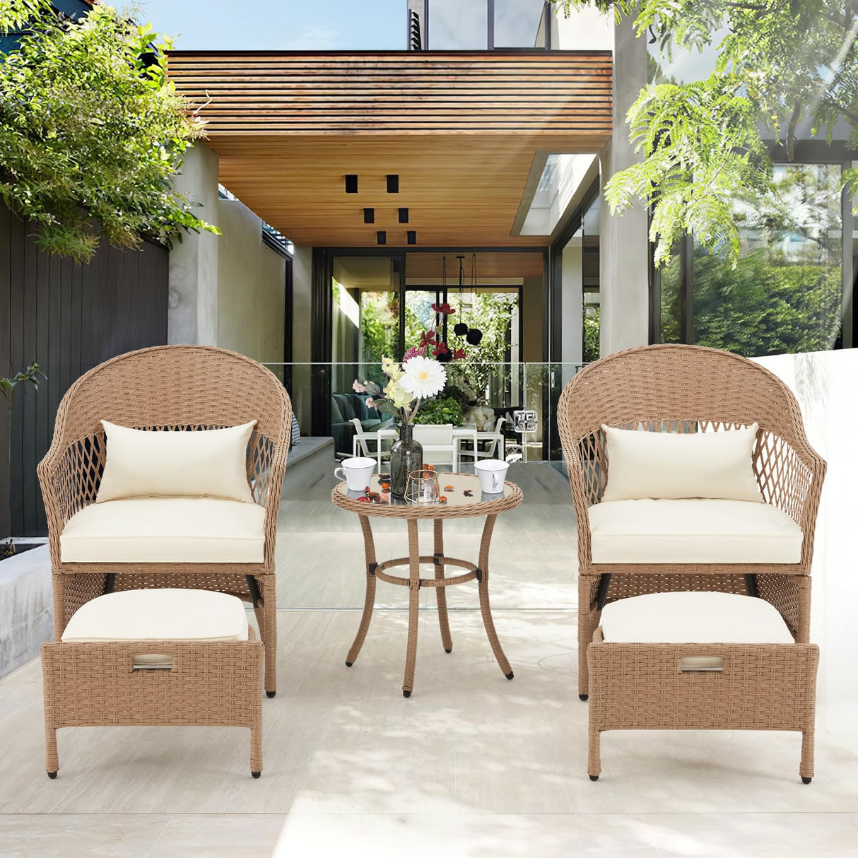 AVAWING 5 Pieces Patio Furniture Set, Outdoor Rattan Chairs with Round Glass Coffee Table, Ottomans & Soft Cushions, Wicker Conversation Bistro Set for Garden, Deck, Balcony, Poolside(Beige) AVAWING