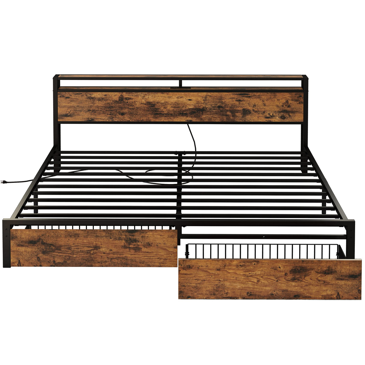 LIKIMIO Vintage Brown King Bed Frame with Storage Headboard and Charging Station LIKIMIO
