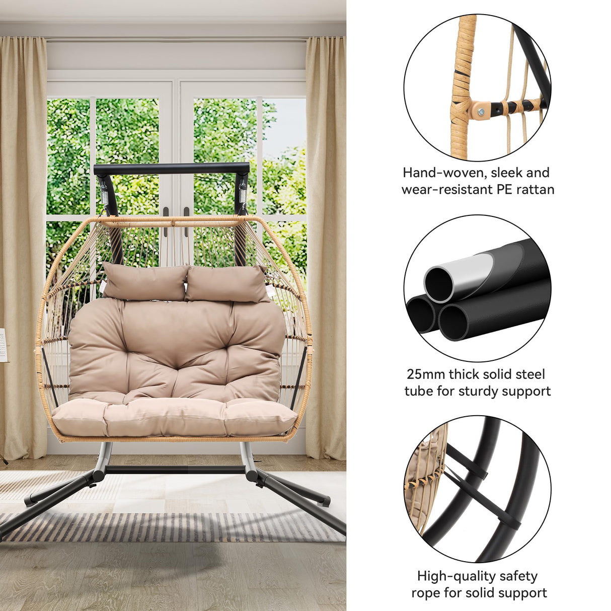 YITAHOME 2 Person Hanging Egg Swing Chair with Stand Egg Chair Wicker Indoor Outdoor Hammock with Cushions 550lbs for Patio, Bedroom, Garden and Balcony, Khaki(Stand Included) YITAHOME