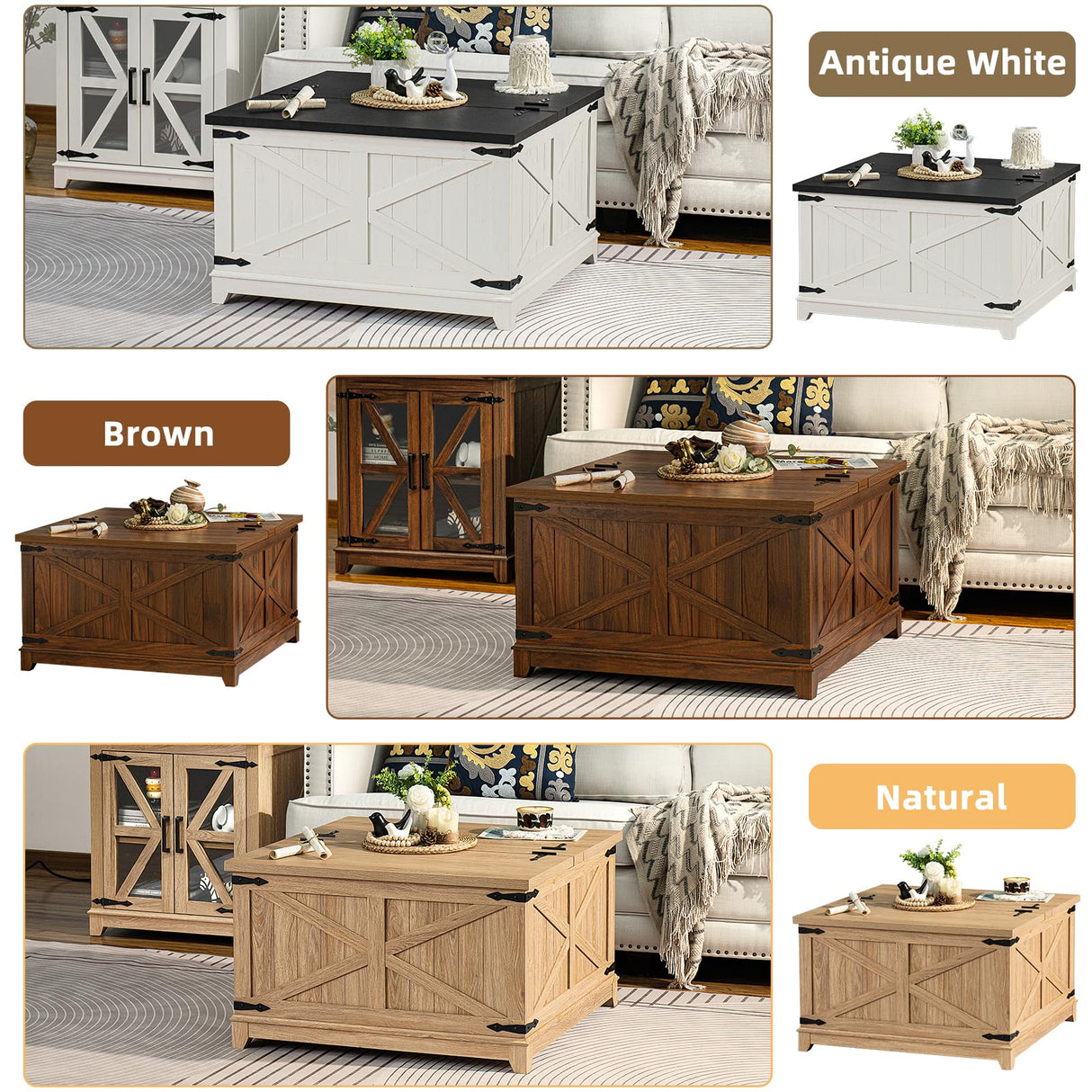 Joaxswe Farmhouse Coffee Table with Hidden Storage Compartment, Antique Black & White Square Large Center Table for Living Room, Wood Rustic Wide Coffee Tables with Hinged Lifting Tabletop for Home Joaxswe