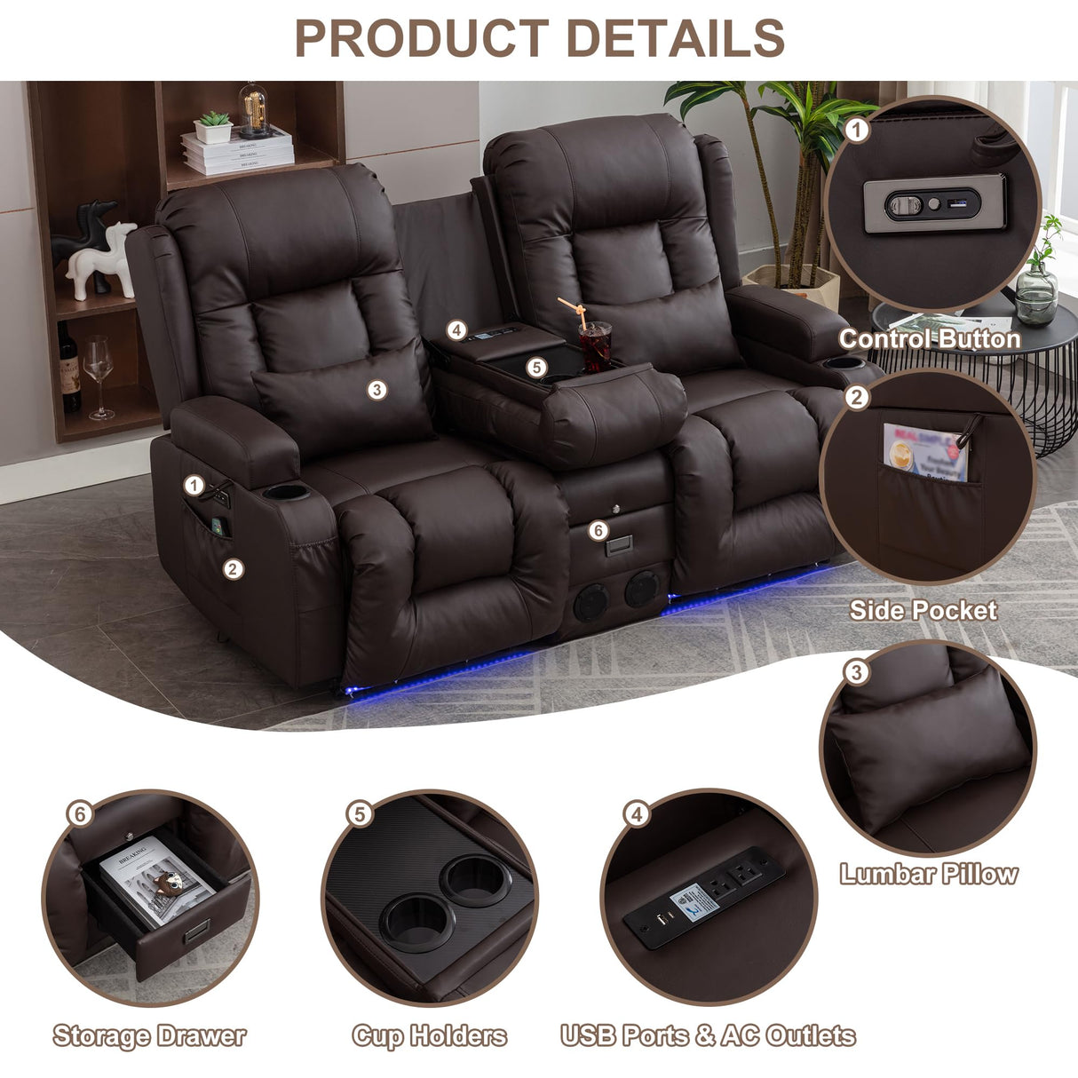 TUNYI Power Loveseat Recliner Sofa with Massage & Heat Home Theater Seating with Console Electric Recliner RV Sofa with USB/Outlet/Storage/Side Pocket/LED Light/Speaker (Brown, Loveseat) TUNYI