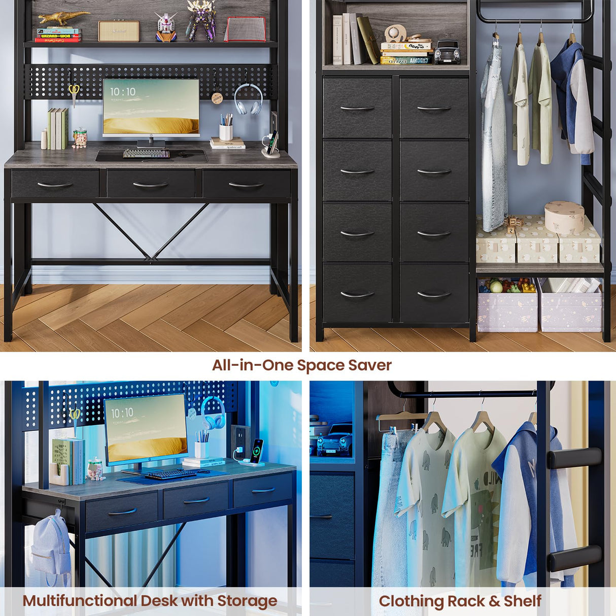 ADORNEVE Loft Bed Twin Size with Desk, 11 Storage Drawers, Metal Kids Loft with RGB Lights, Charging Station, Shelves & Clothing Rack, 13.4" H Safety Guard & Paded Ladder, Black & Grey ADORNEVE