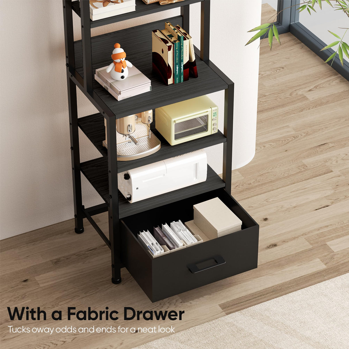 YUJSBHJAN Nightstand with Fabric Drawers,5-Tier End Table for Living Room, Bakers Rack with one Drawer;Storage Cabinets for kicthen,Bedroom,Living Room,Black YUJSBHJAN