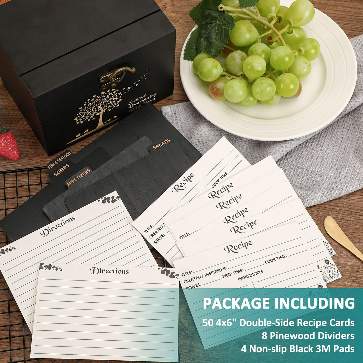 CypherX Wooden Recipe Box - 50 Blank Recipe Cards and Box Set - Recipe Card Organizer Box with 8 Wood Dividers - Gifts for Cooking Lovers | Best Housewarming and Bridal Shower Gift, Black CypherX