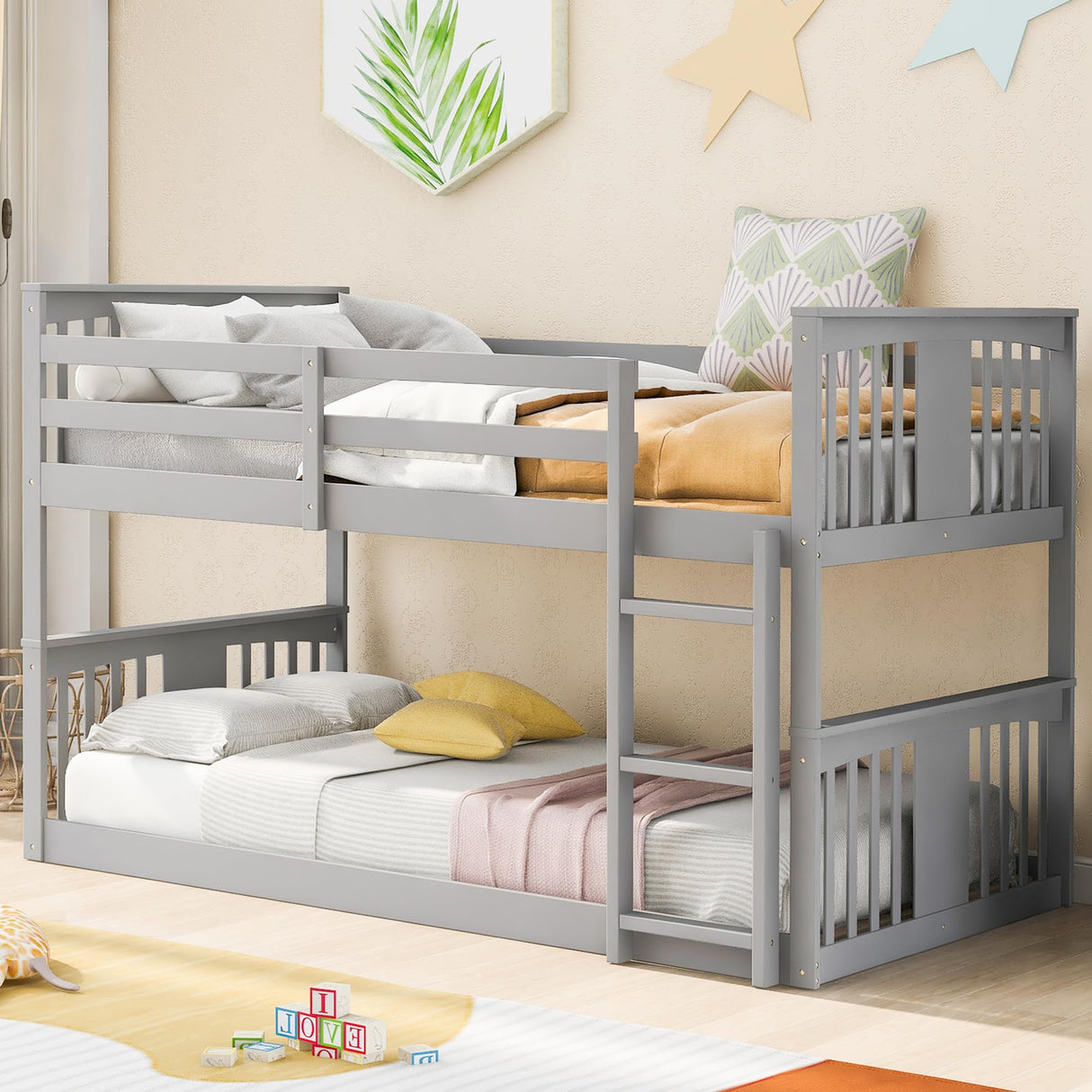 Low Bunk Bed Twin Over Twin, Twin Over Twin Bunk Bed with Ladder, Kids Bunk Beds with Full Length Guardrail, Montessori Floor Bunk Beds for Kids, Boys,Girls, Gray Bunk Bed Twin Size Bellemave