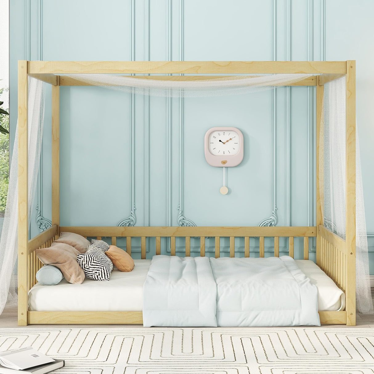Full-Size Natural Canopy Bed Frame with Guardrails for Kids – Montessori Floor Bed Design Bellemave