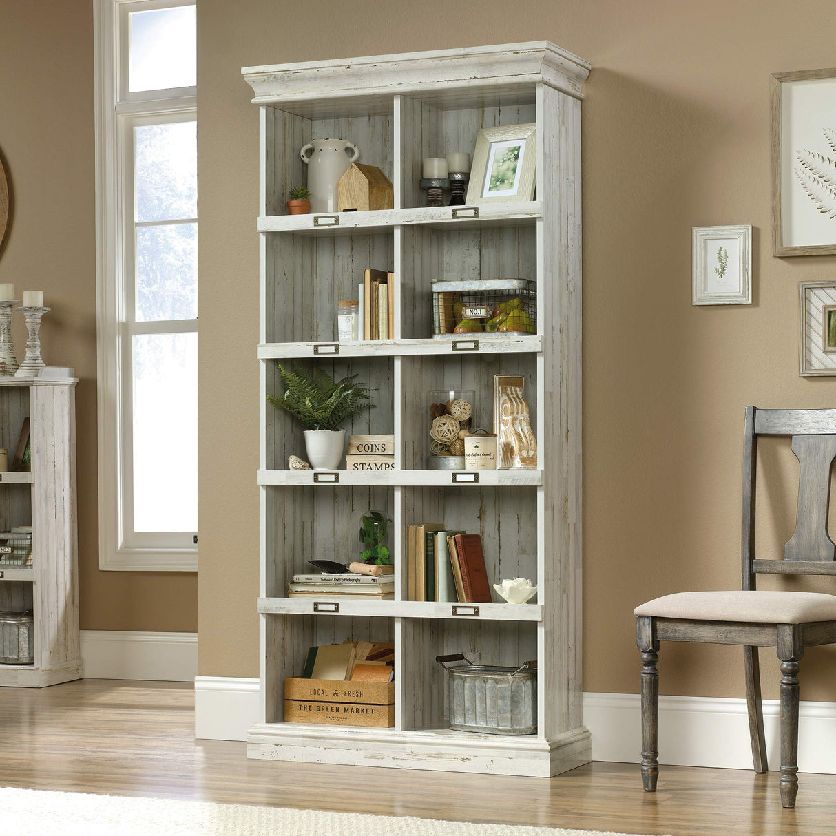 Sauder Barrister Lane Tall Bookcase/Book Shelf 10 Cube Cubby Storage Organizer, L: 35.55" x W: 13.5" x H: 75.04", White Plank Sauder