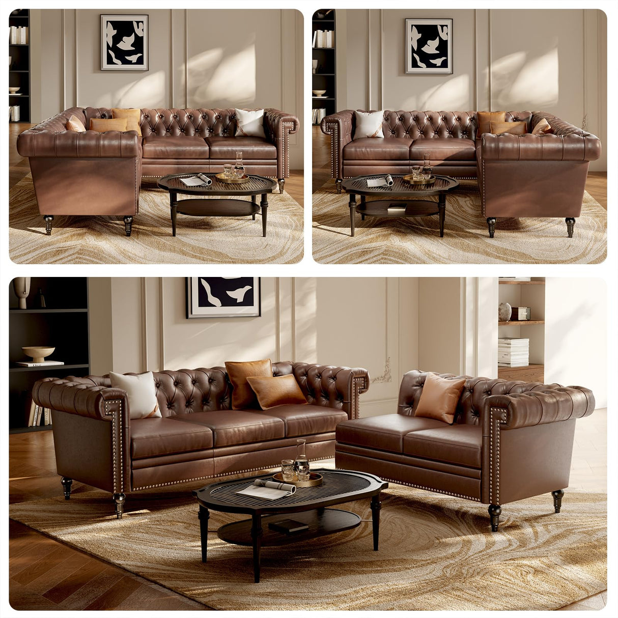 EYBCT Faux Leather Sectional Sofa Couch for Living Room, L Shaped Reversible Modern Chesterfield Sofa with Rolled Arms and Nailhead, 5 Seat Tufted Couch for Small or Large Space (Dark Brown) EYBCT
