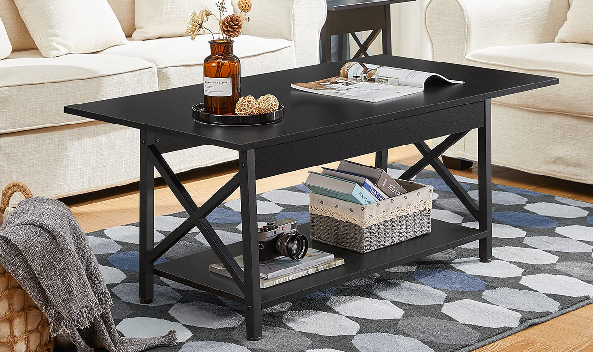 GreenForest Black Coffee Table with Storage Shelf 43.3 x 23.6 inch, 2 Tier Rectangular Center Table for Living Room, Modern Farmhouse Small Table for Home Office,Easy Assembly GreenForest