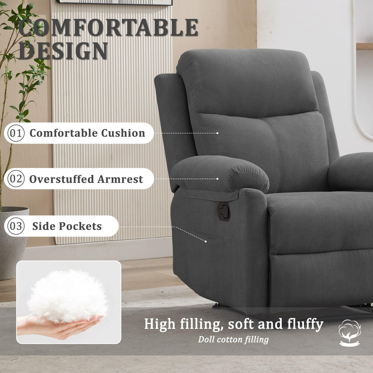 Korser Recliner Chair, Manual Recliner for Adults with Side Pocket, Small Recliners for Small Spaces, Adjustable Comfy Overstuffed Corduroy Reclining Chairs for Living Room, Reading, Bedroom, Grey Korser