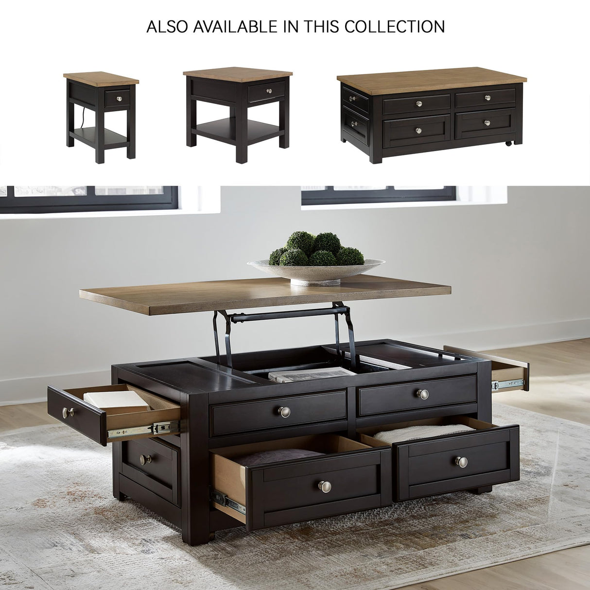 Signature Design by Ashley Drazmine Casual Lift-Top Coffee Table with 4 Drawers and Casters, Dark Brown & Light Brown Signature Design by Ashley