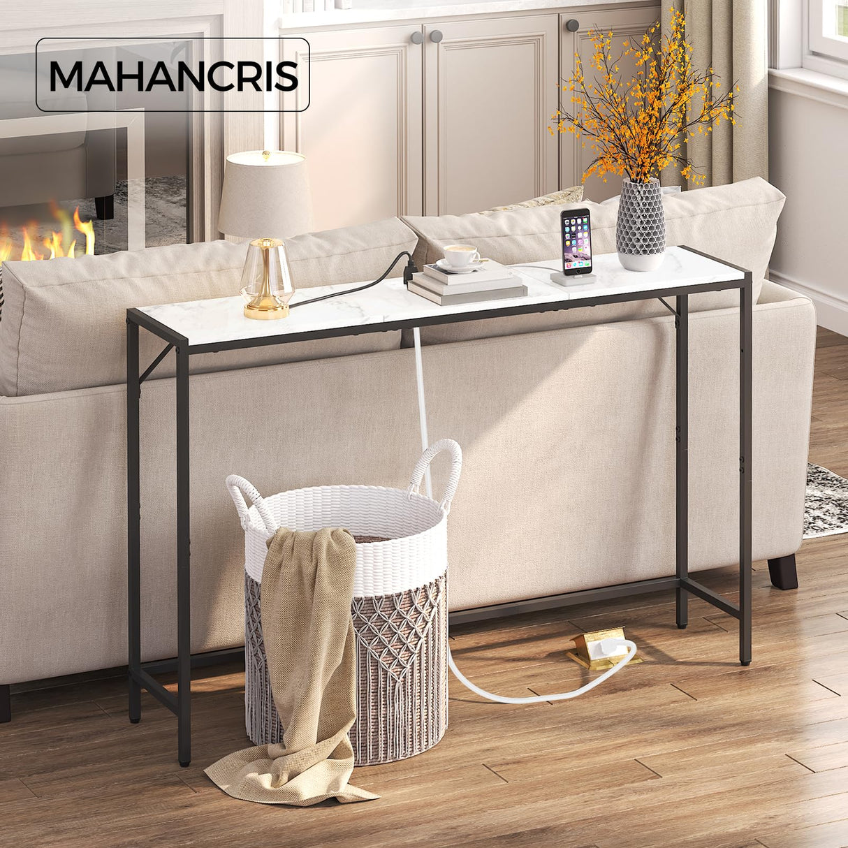 MAHANCRIS Console Table, Narrow Sofa Table, 43.3” Entrance Table with Power Station, Behind Couch Table, Simple Style, for Living Room, Hallway, Entryway, Foyer, Marble and Black CTHM112E01 MAHANCRIS