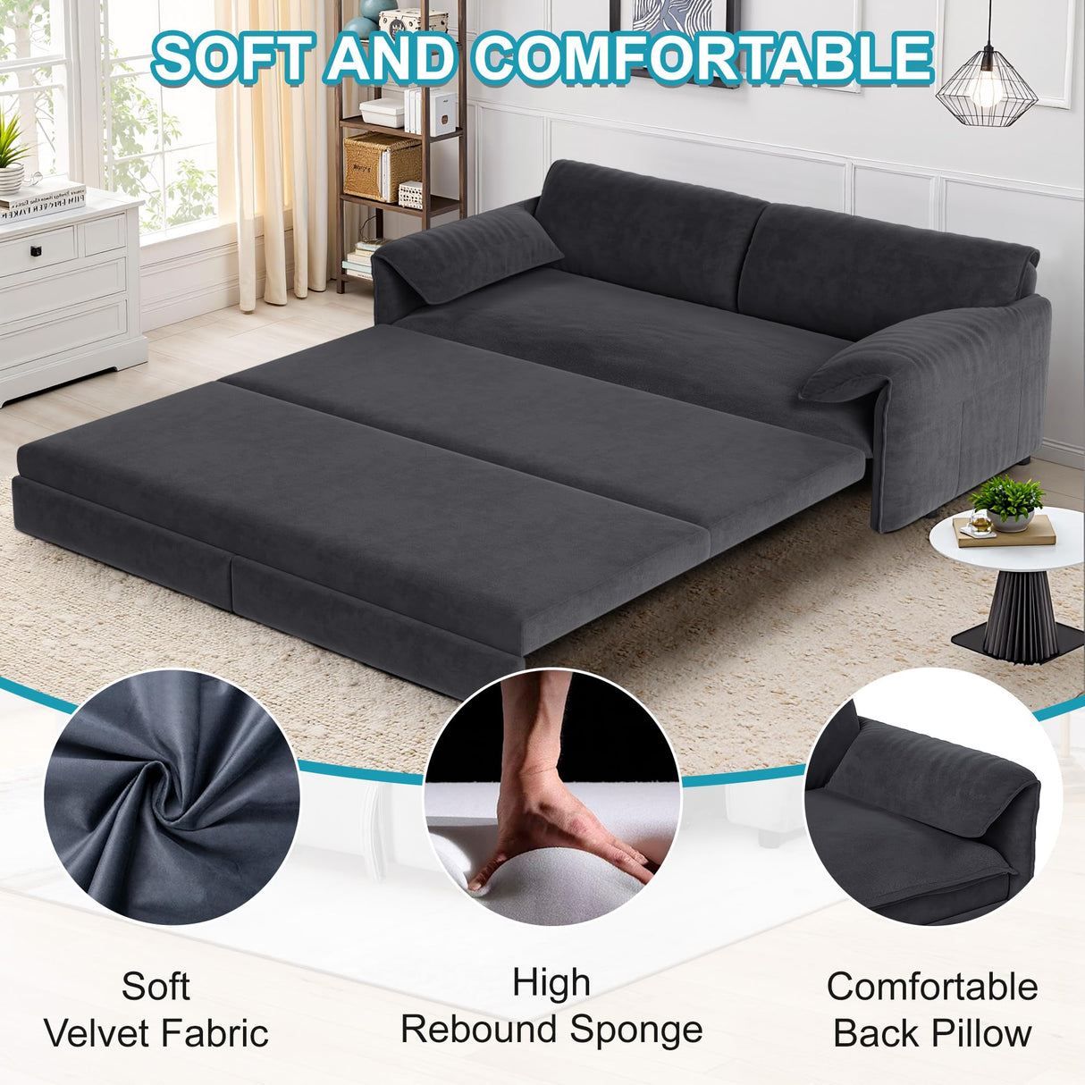 Lyngins 66 Inch Queen Size Sleeper Sofa Bed, 3 in 1 Convertible Pull Out Couch Velvet Loveseat Sofa Couch Bed with Side Pockets for Apartment, Bedroom, Living Room, Dark Gray Lyngins