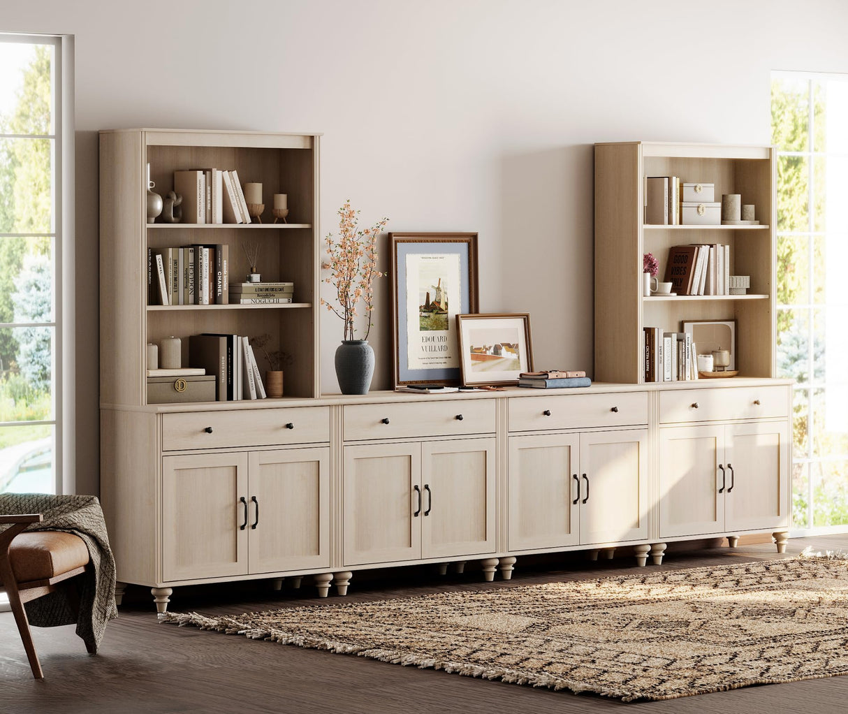 WAMPAT Entertainment Center with Bookshelves for TVs up to 75", Farmhouse Wall Unit TV Stand with 8 Doors & 4 Drawer, Media Console Table for Living Room, Bedroom & Home Theater, Beige WAMPAT