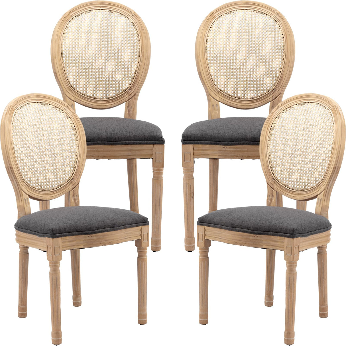 ODUSE-DAILY French Country Dining Chairs Set of 4, Dark Gray Kitchen & Dining Room Chairs Set of 4, Rattan Dining Chairs, Cane Back, Wood Legs, Sillas De Comedor (Rattan,Dark Grey, 4Pcs) ODUSE-DAILY
