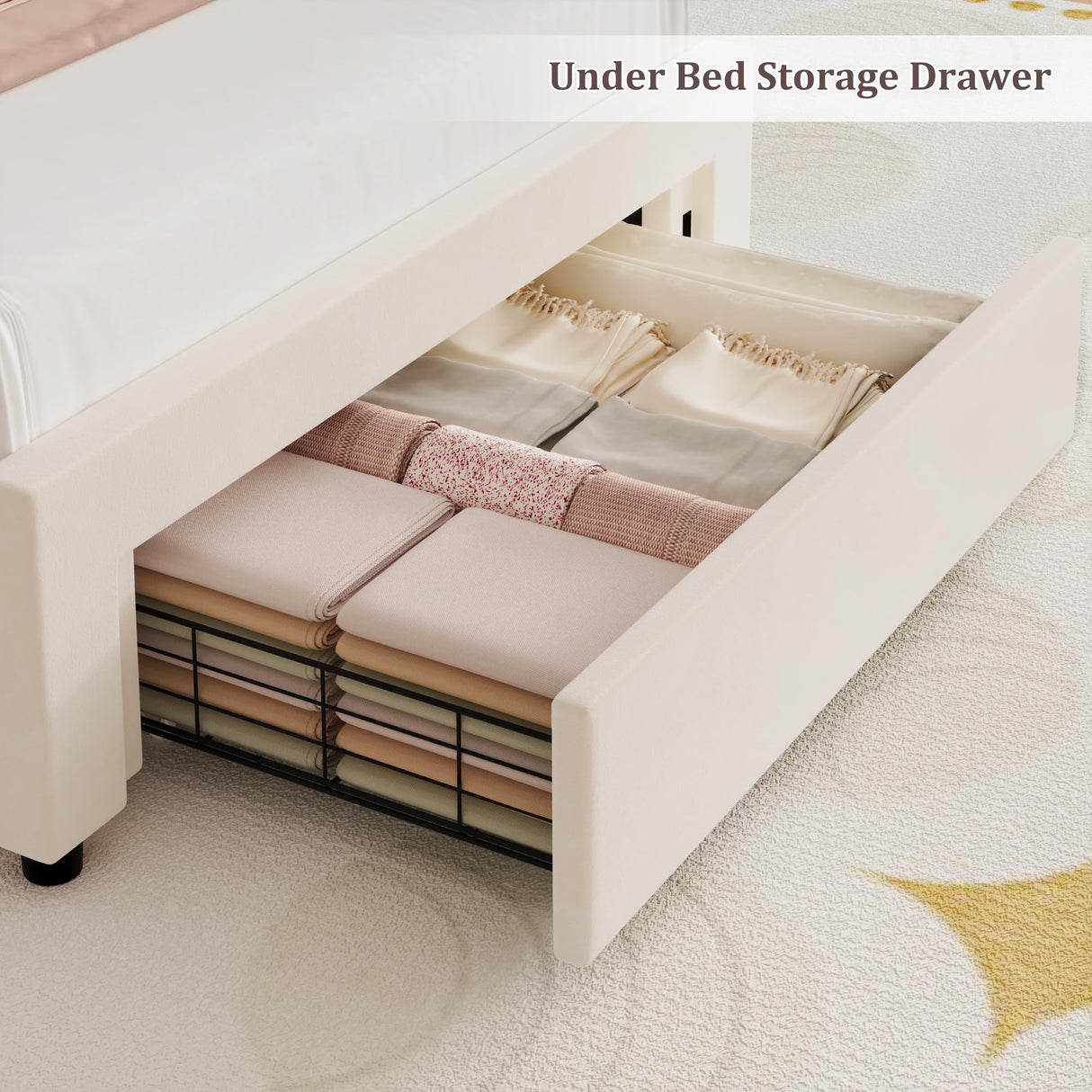 HITHOS Upholstered Twin Led Bed Frame with Charging Station and Storage Drawer, Velvet Princess Platform Bed Frames with Crystal-Button Tufted Headboard for Girls | Kids, No Box Spring Need, Beige HITHOS