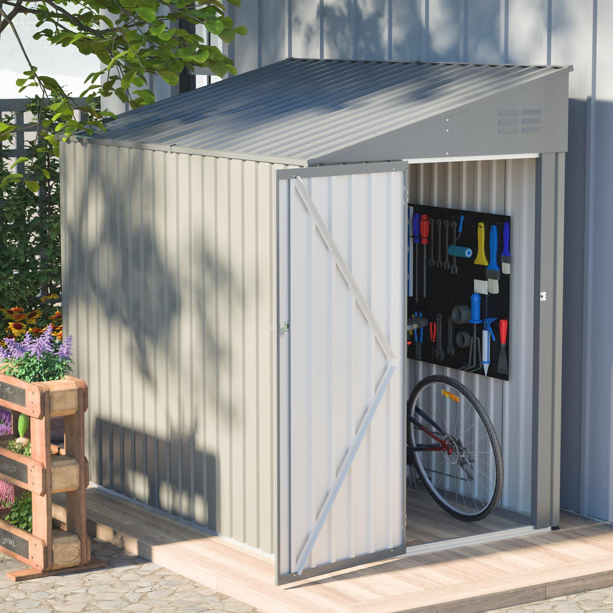 YOPTO 4x8 FT Outdoor Storage Shed,Lean to Lockable Metal Garden Shed Steel with Reinforced Beams,All Weather Waterproof Storage House W/Lockable Door&2 Air Vents,for Backyard,Patio,Lawn,Garden,Gray YOPTO