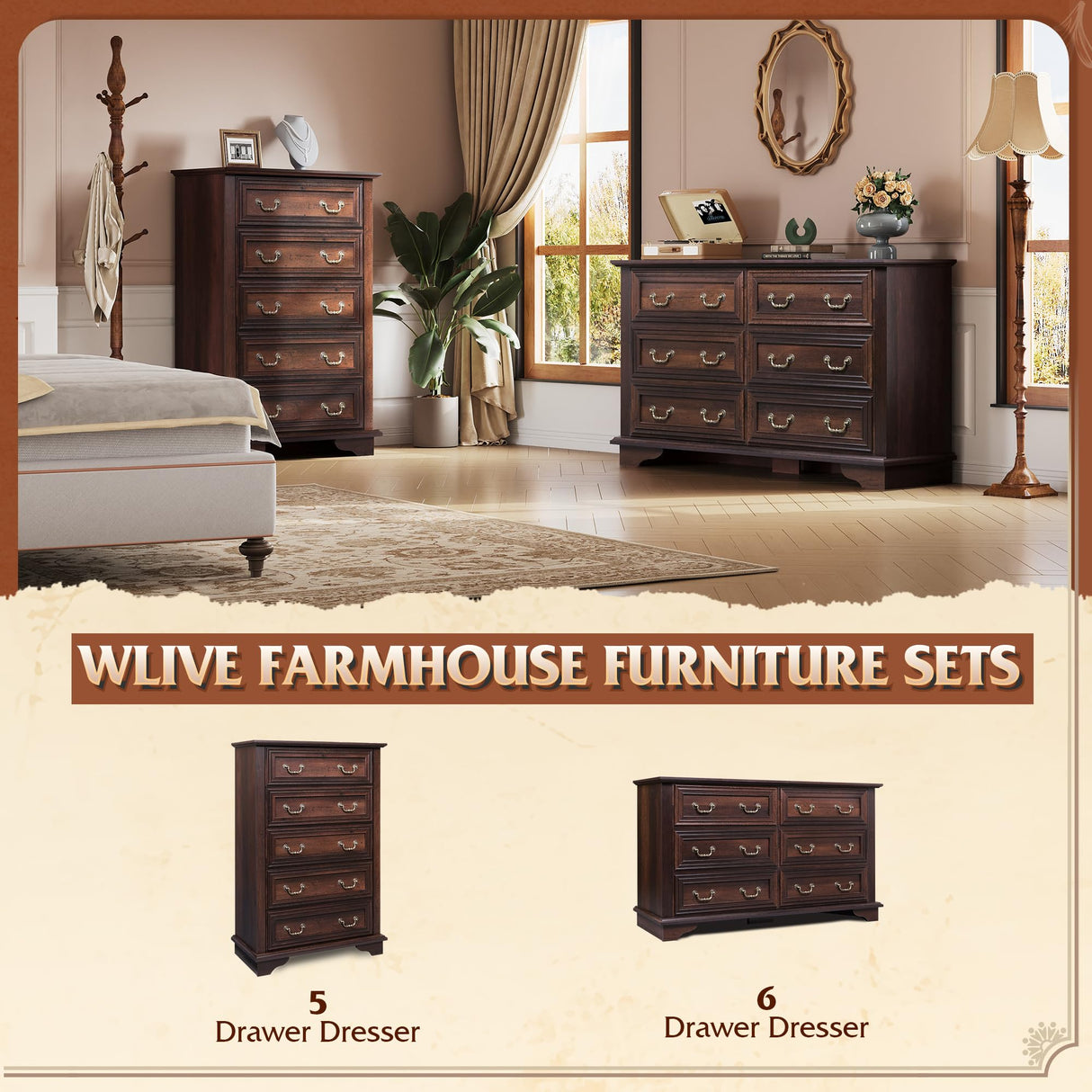 WLIVE Farmhouse Dresser for Bedroom, Tall Wood Dresser with 5 Drawer, Chest of Drawers with Roman Metal Handle for Living Room, Hallway, Closet, Brown WLIVE