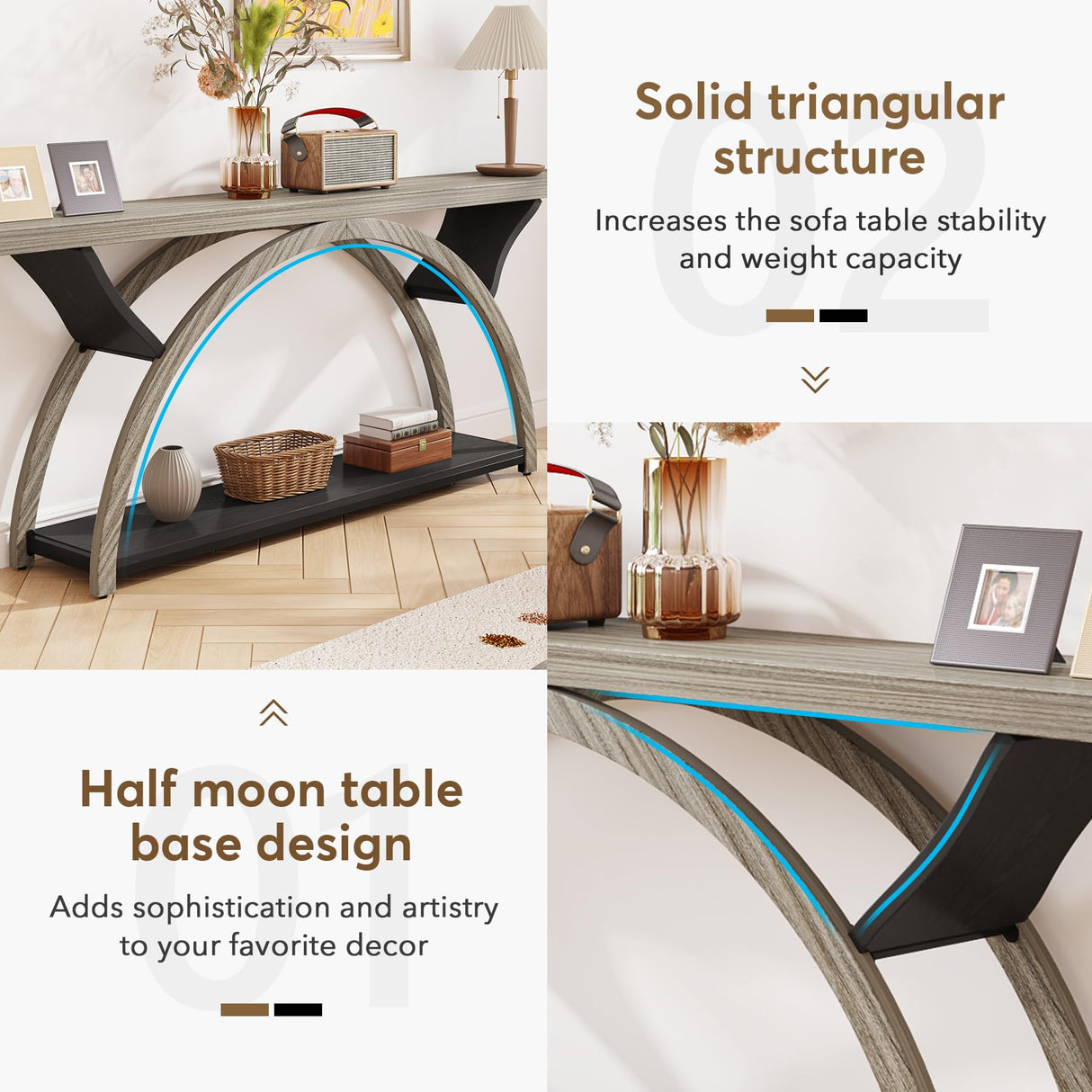 Tribesigns 70.87" Console Table with Storage Shelf, Narrow Long Sofa Table Behind Couch Table, 2-Tier Rustic Entryway Table with Half Moon Frame for Hallway Living Room, Gray & Black (Gray & Black) Tribesigns