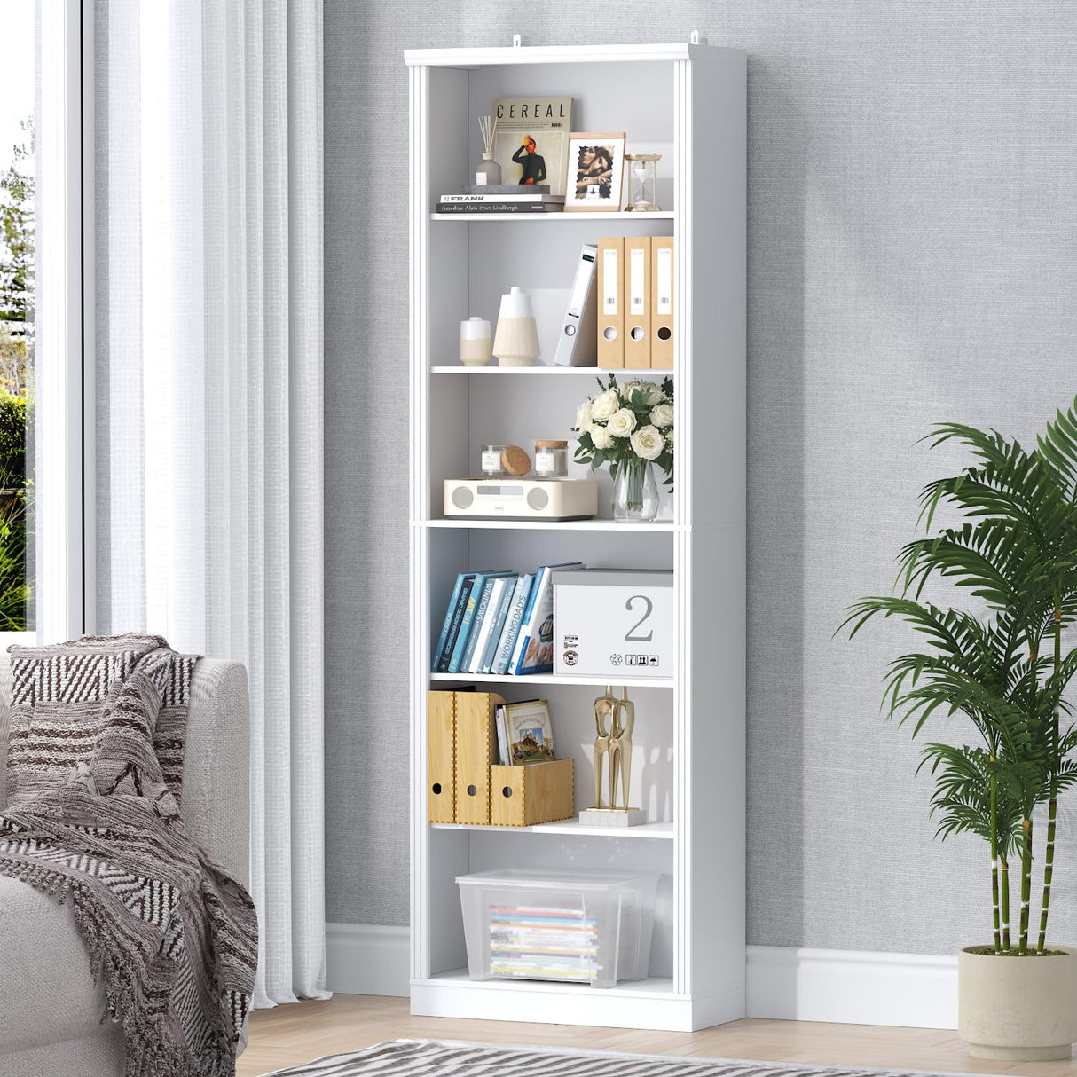 Thacuok 75" Tall Bookshelf & Bookcase, 6-Tier Adjustable Storage Shelves, Book Shelf with Anti-Tipping Device, Floor Standing Modern Display Rack for Living Room, Bedroom, Office, White Thacuok