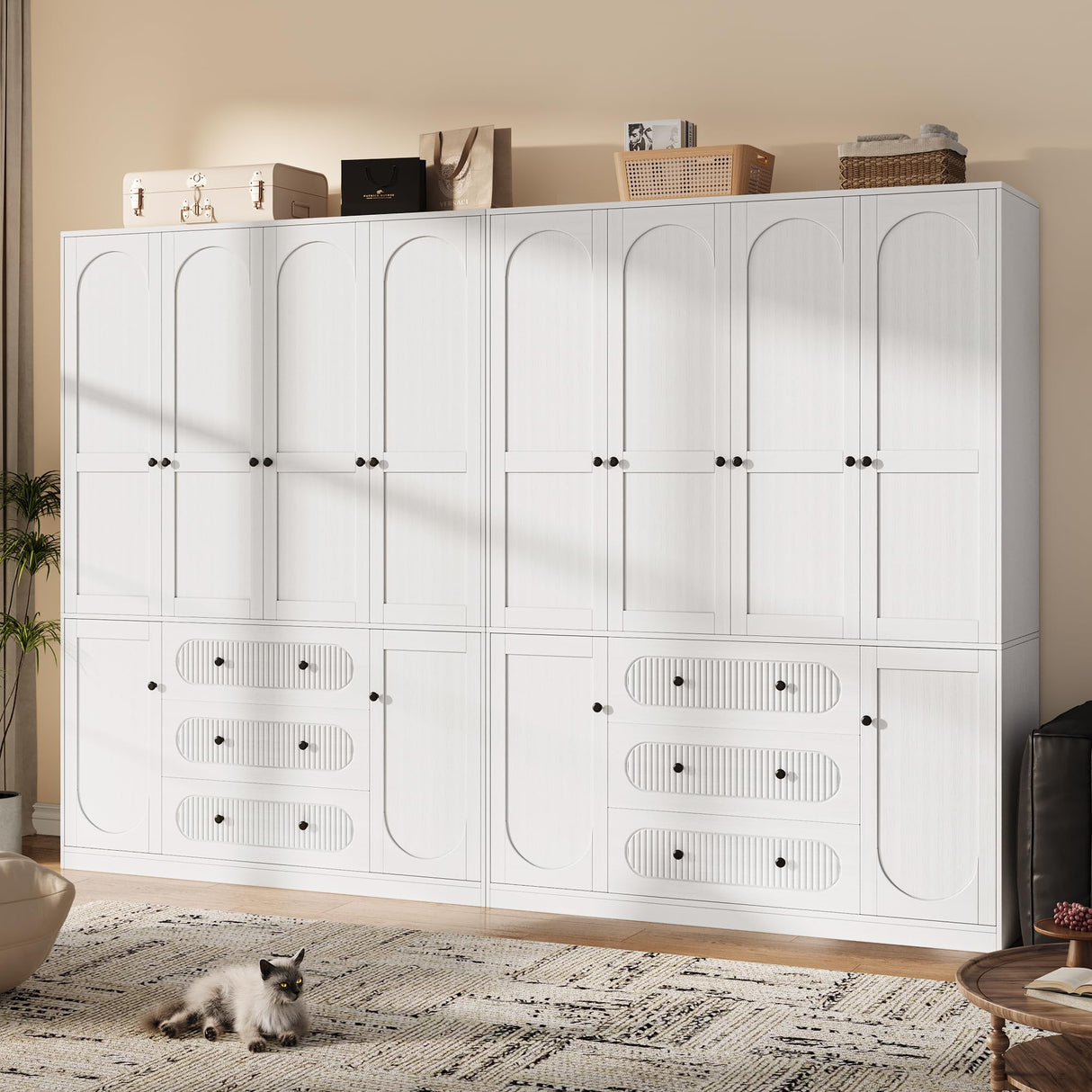 TOKSOM 4 Doors Freestanding Armoire Wardrobe Closet, 72" White Bedroom Wooden Closet Large Capacity Storage Armoire with 3 Drawerse and 3 Hanging Rod Shelves Clothes Organizer TOKSOM