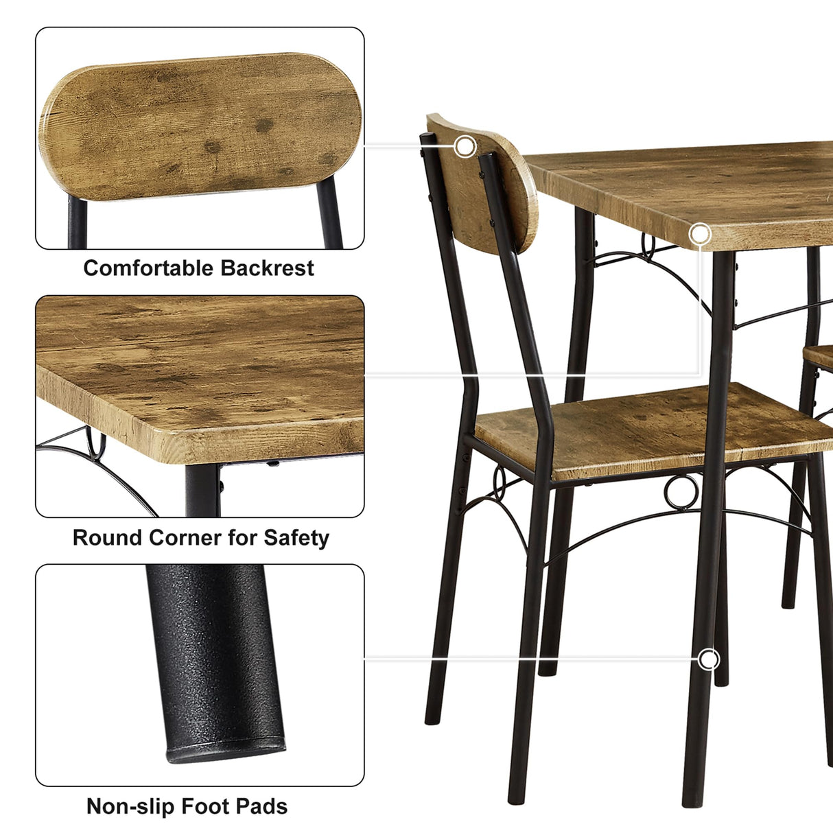 VECELO Dining Table Set for 4, 5 Piece Dinette with Chairs for Kitchen, Breakfast Nook and Small Space, Brown VECELO