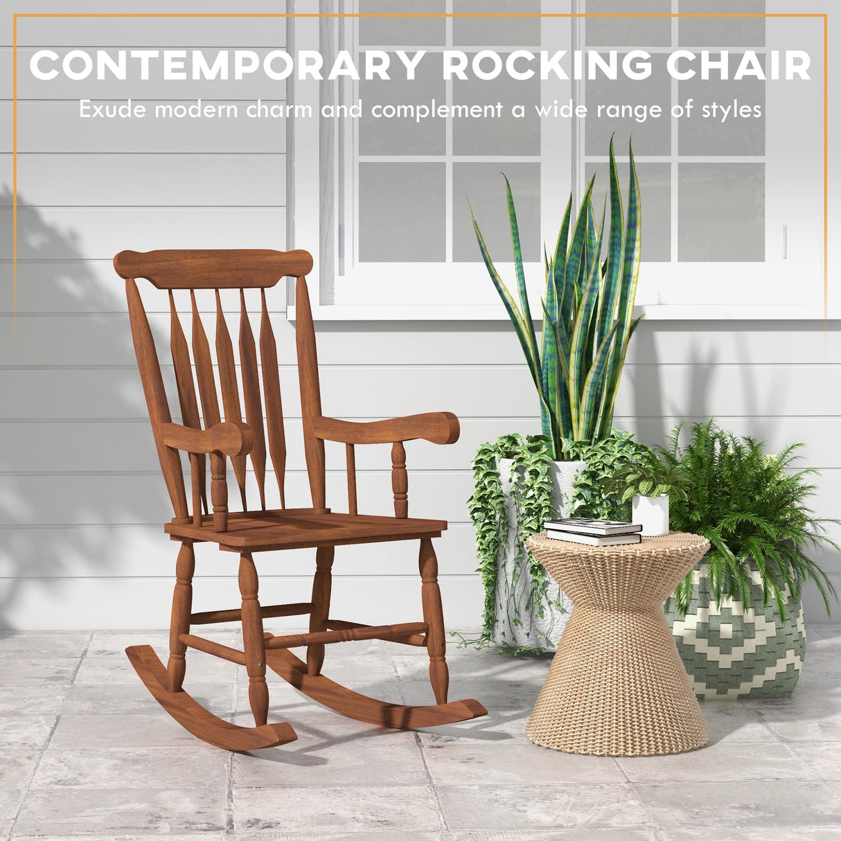 Outsunny Outdoor Wood Rocking Chair, 350 lbs. Porch Rocker with High Back for Garden, Patio, Balcony, Teak Outsunny