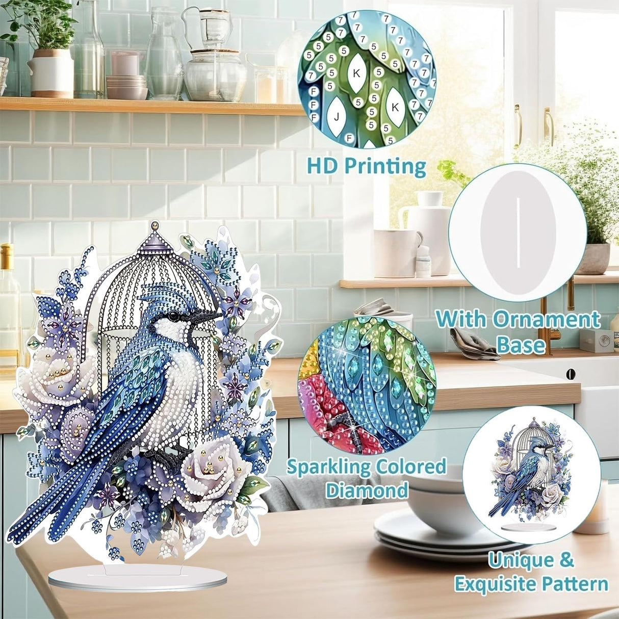 Diamond Painting Kits for Adults Beginners, 5D Full Drill Bird Crystal Art Desktop Ornament, DIY Single Sided Home Office Desk Decor, Creative Craft Gift Set with Tools OFRKE
