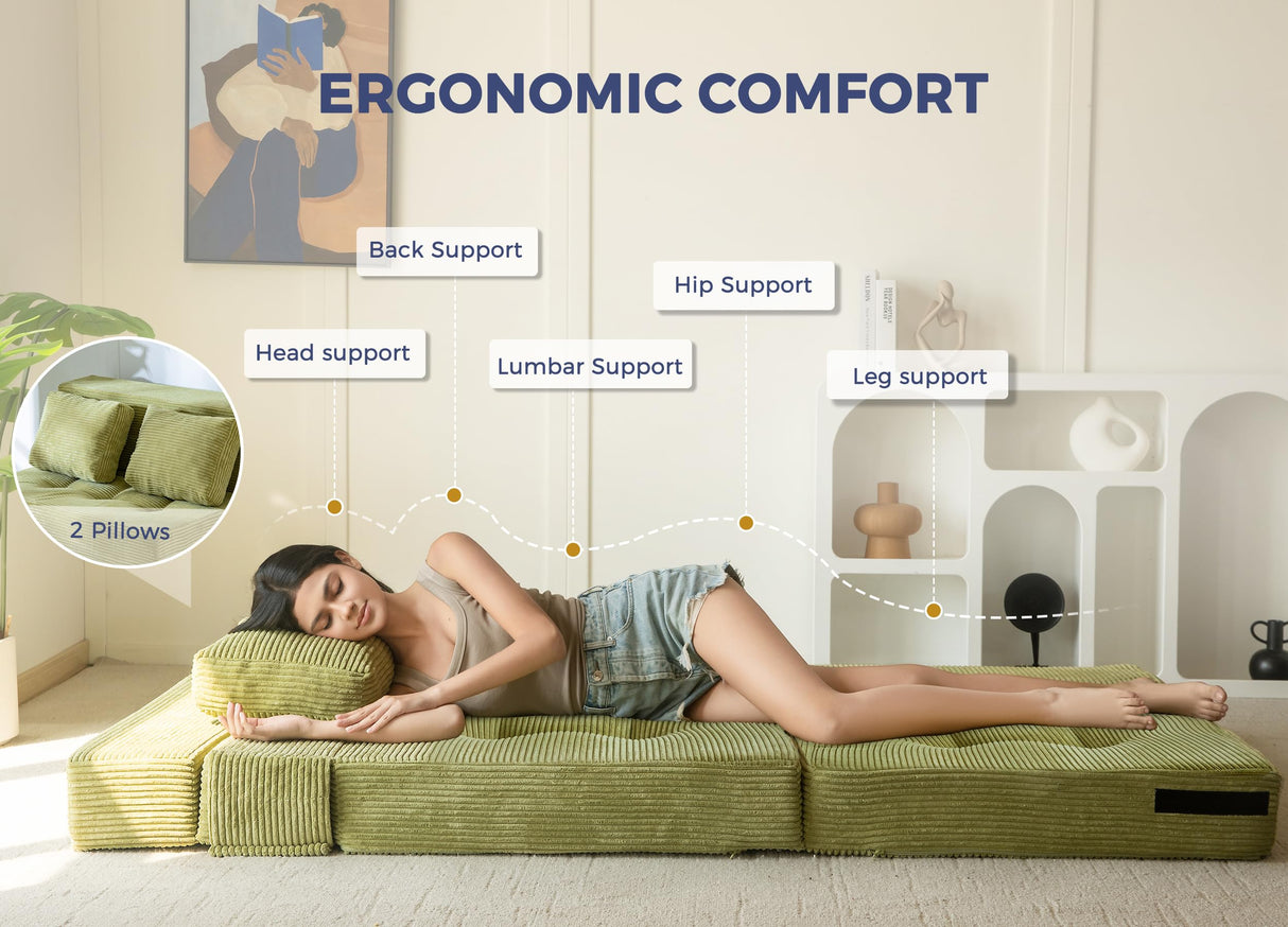 MAXYOYO Convertible Sofa Bed, Fold Out Loveseat Sleeper Sofa with Pillow, 4 in 1 Tufted Folding Couch Bed Foam Floor Couch, Lazy Chair for Living Room Bedroom Guest Room, Green MAXYOYO