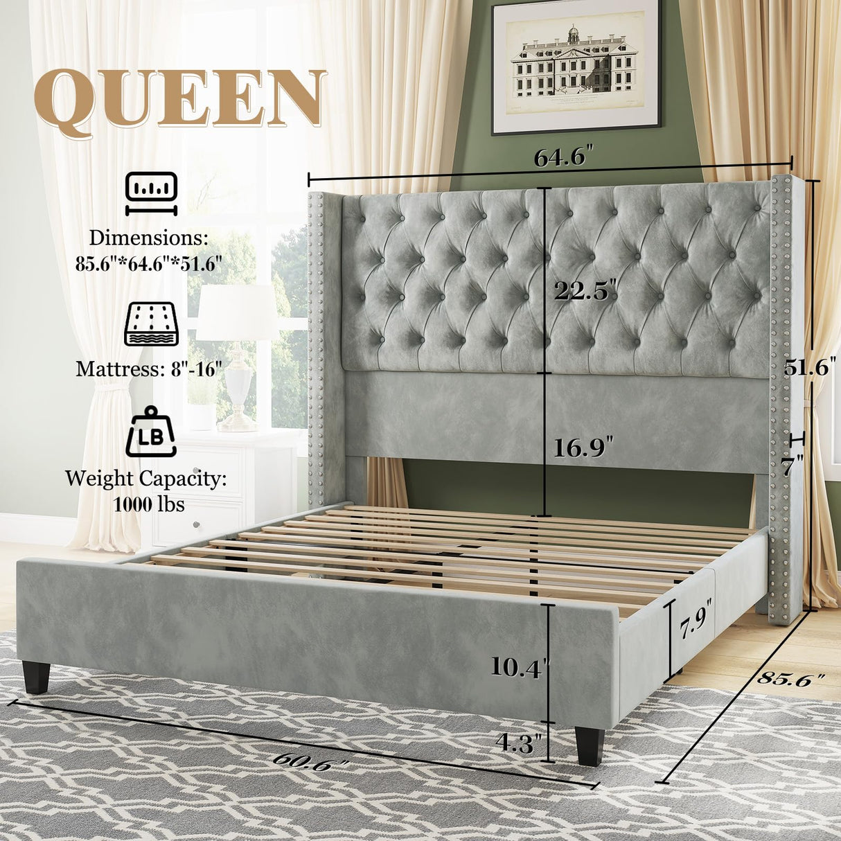 Jocisland Queen Size Bed Frame with 51.6” Wingback Tufted Velvet Headboard, Modern Upholstered Platform Bed, No Box Spring Needed, Easy Assembly, Light Grey Jocisland