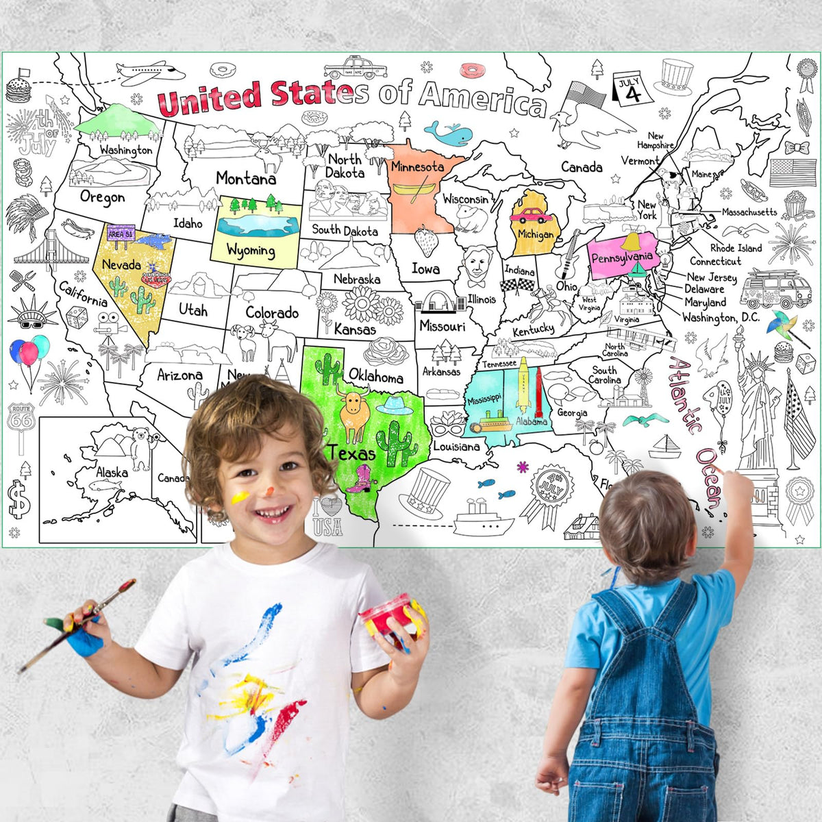 Licidecopai 54x33 Inch US Themed Giant Coloring Poster for Kids - Large US Map Coloring Table Cloth for Children's Birthday Party Licidecopai