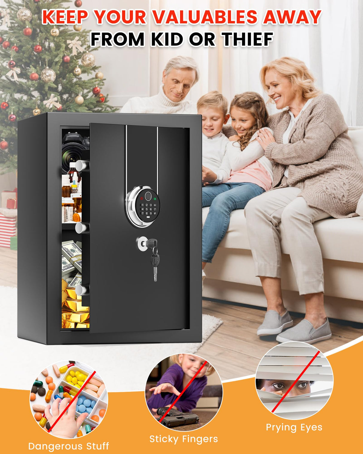 3.6 Cuft Biometric Fireproof Safe Box, Large Home Safes Fireproof Waterproof with Digital Programmable Keypad Keys, Dual Smart Alert, Security Fingerprint Fire Safe Box for Document Valuables Jewelry Povanje