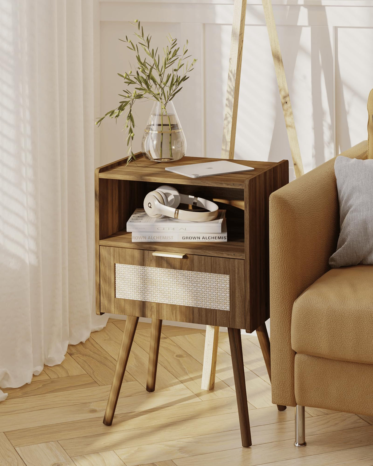 Veegle Rattan Nightstand,Modern Bedside Table with Storage Drawer and Open Wood Shelf, for Living Room, Bedroom and Small Spaces, Accent Night Stand with Solid Wood Legs, Easy Assembly,Walnut Brown Veegle