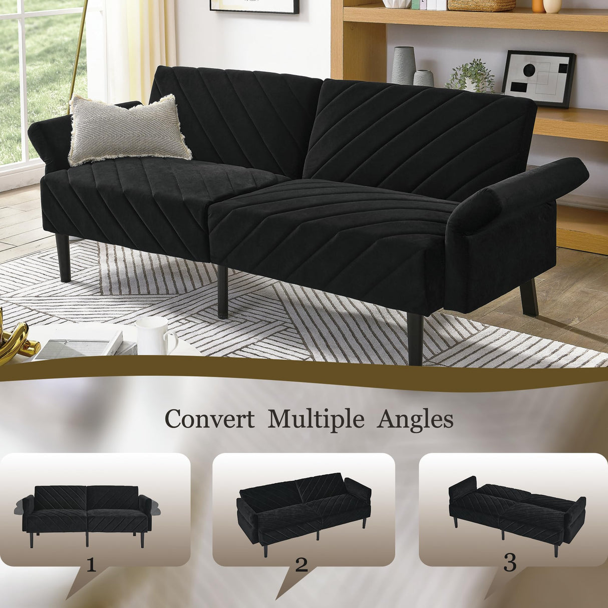 Modern Velvet Futon Sofa Bed,Convertible Sleeper Loveseat with 4 Folding Backrest,78" Comfy Deep Seat Cloud Couch Bed for Living Room Apartment Office (Black) Majnesvon