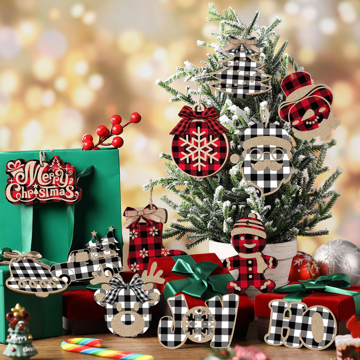 36 Pieces Christmas Buffalo Plaid Hanging Ornaments Christmas Tree Wooden Hanging Decor Wooden Christmas Ornaments Snowflake Reindeer Snowman Plaid Christmas Decor, 12 Styles (Black Red, Black White) BBTO