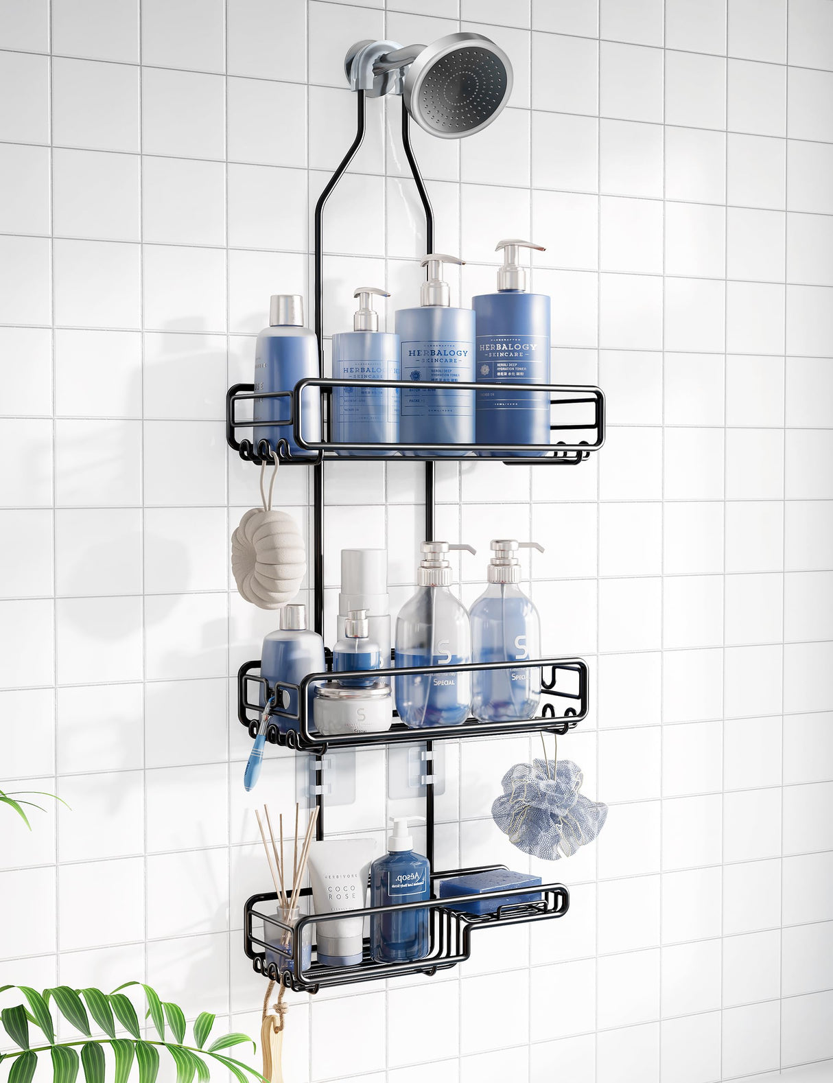 Shower Caddy Hanging Bathroom Organizer: Over Head Adjustable Rack for Tall Showerhead - Extra Large Storage Shelf for Big Shampoo Bottles with Soap Holder Skyapex