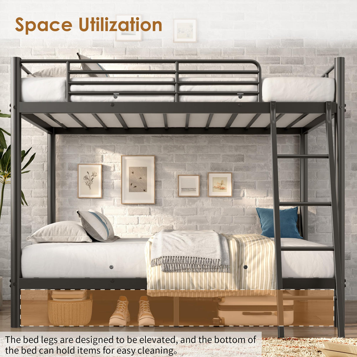 SogesSleep Bunk Bed Twin Over Twin, Heavy Duty Metal Bunk Bed Frame with Angled Ladder for Teens and Adults, for Spaces-Saving, Smooth Rounded Edges, Noise Free & Easy Assembly, Black SogesSleep