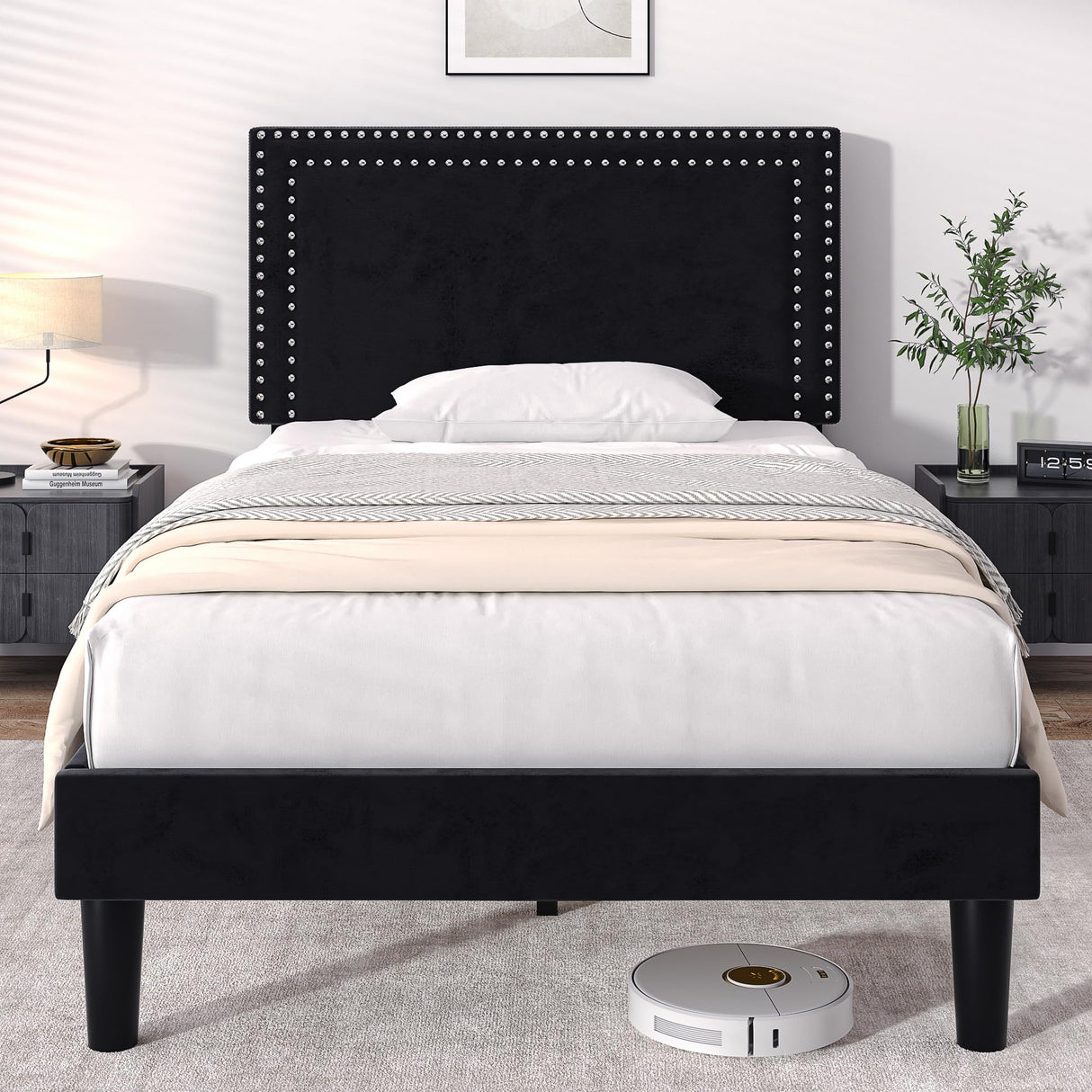 VECELO Twin Size Platform Bed Frame with Adjustable Upholstered Headboard, Modern Mattress Foundation, Strong Wood Slat Support, No Box Spring Needed, Easy Assembly VECELO